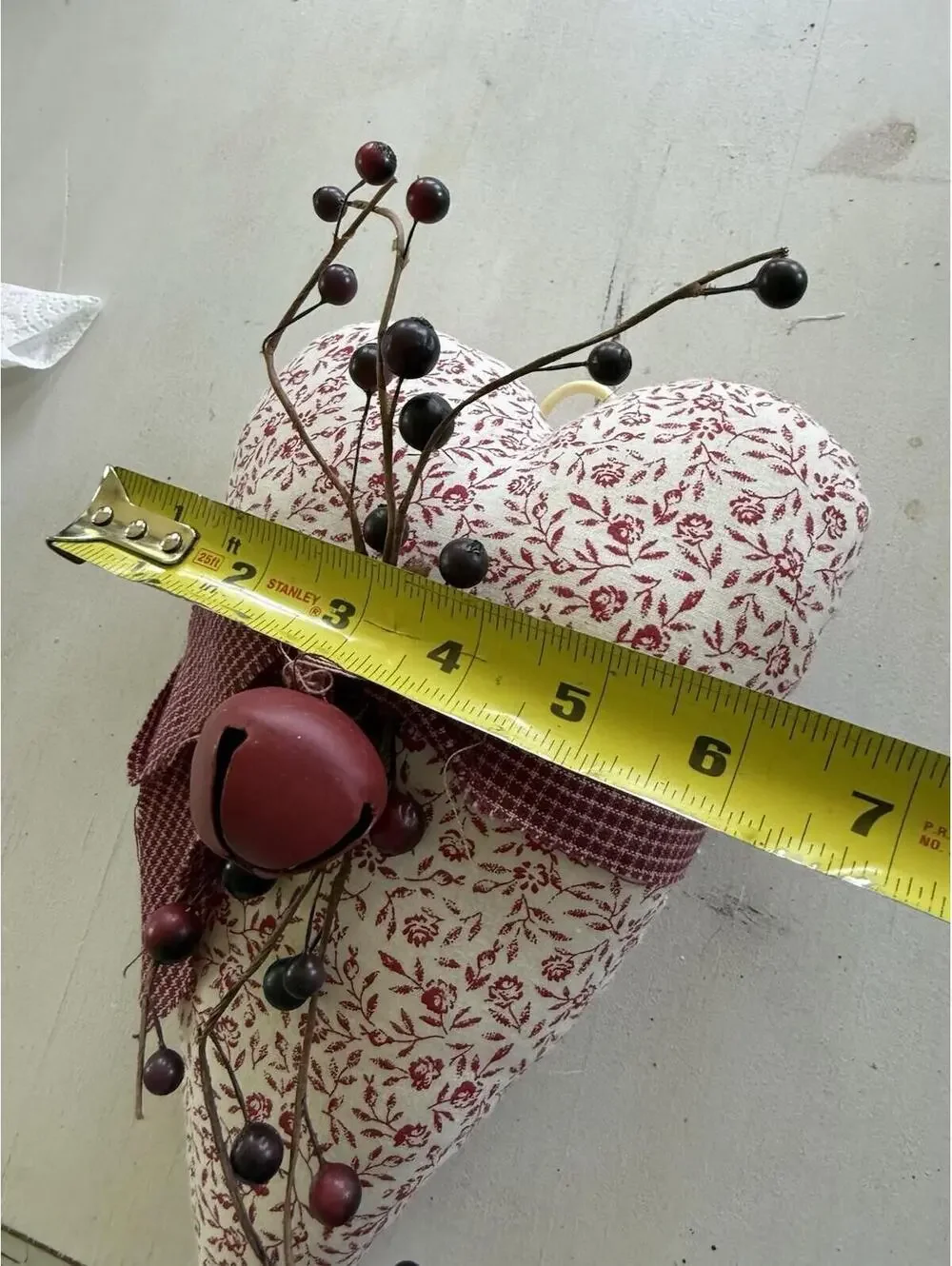 Primitive Country Fabric Heart w/berries/ bell Farmhouse country patriotic